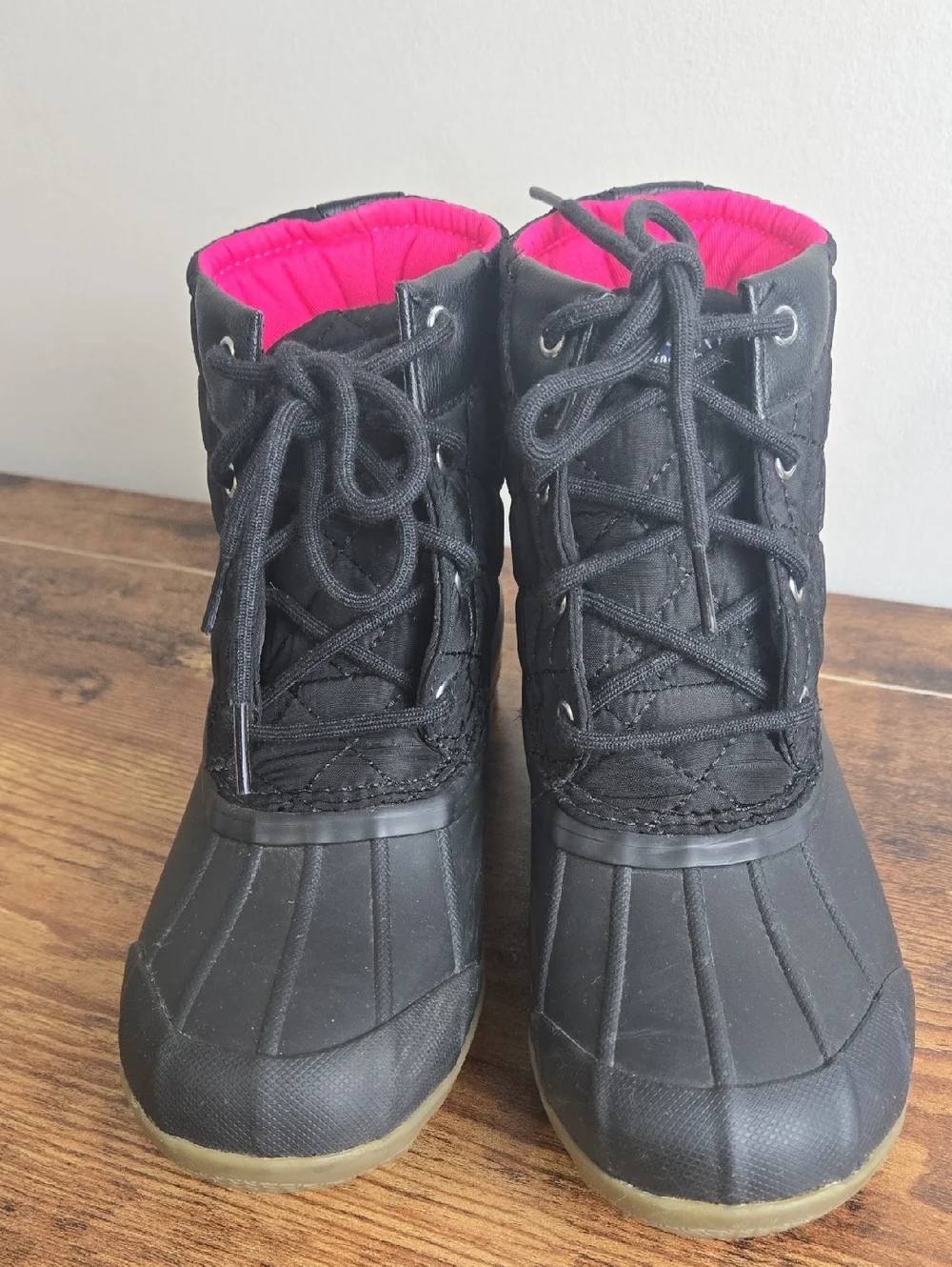 Sperry Girls' Port Quilted Duck Boots Sz 3 Black/Pink Rain Snow Winter Boots